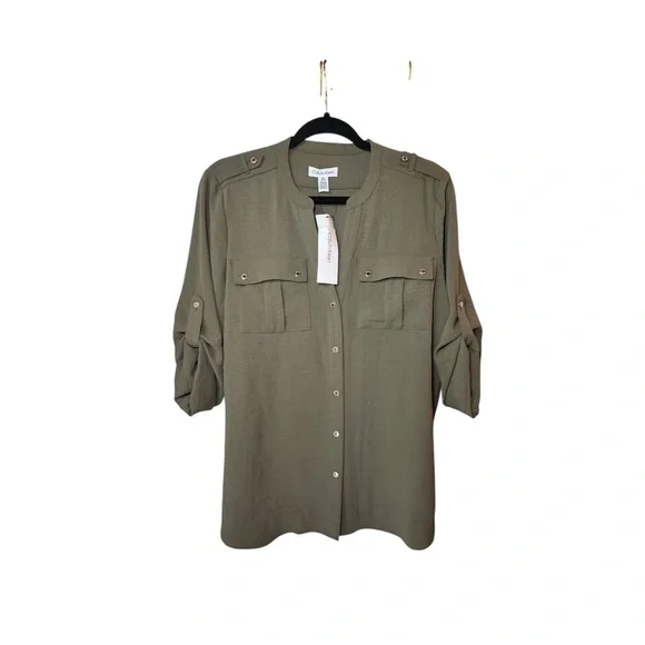 Calvin Klein Olive Green Utility Button-Up Shirt with Silver Buttons M NWT - Picture 2 of 10